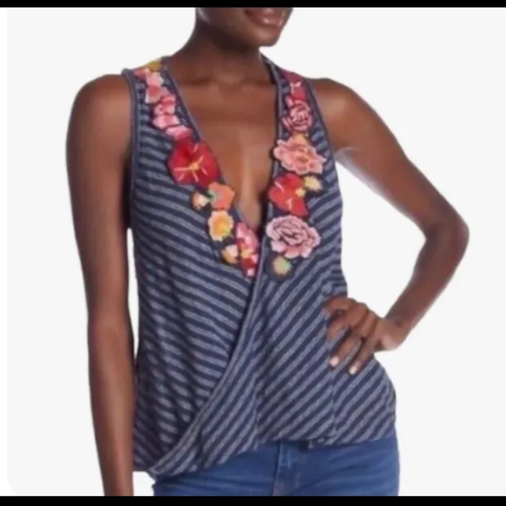 Free People Frida Floral Appliqué Tank Top Navy Stripe Size Small